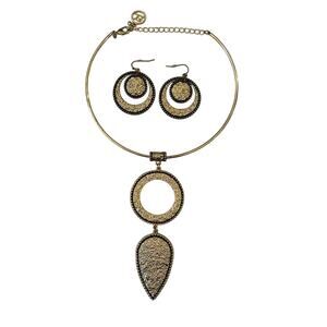 Goldtone Hammered Matching Statement Choker Necklace and Earrings Set Black Gold